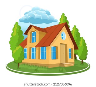 Summer landscape. 3D house icon surrounded by trees. Vector illustration