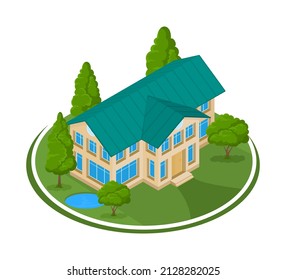 Summer landscape. 3D house icon surrounded by trees. Vector illustration