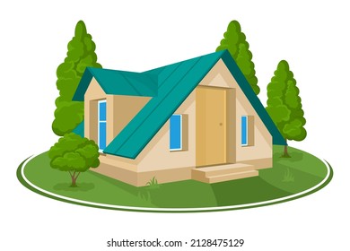 Summer landscape. 3D house icon surrounded by trees. Vector illustration