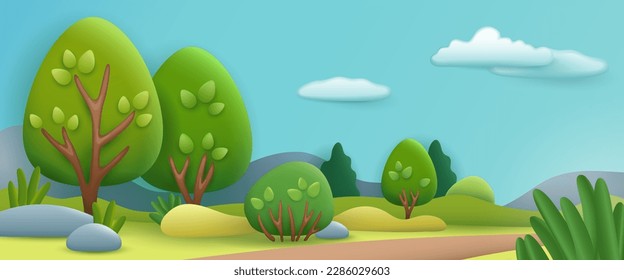 Summer landscape 3d illustration. Natural background with green trees, bushes and pathway in cartoon style. Nature, summer, season, forest concept