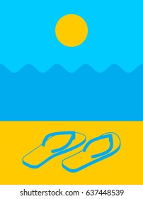Summer landscape abstract. Beach and slippers. Sun and waves