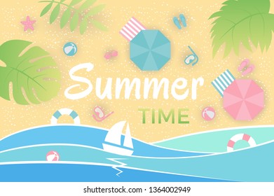 Summer landscape. Aerial view of summer beach. Vector illustration.