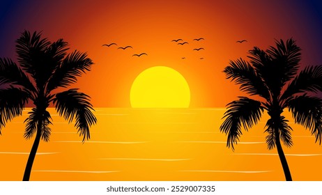 Summer Landscape in the afternoon at sea with Silhouettes of Coconut trees and Birds