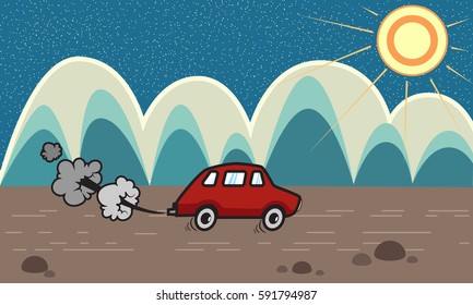 Summer landscape against the backdrop of the mountains. The car goes on the road. Exhaust steam from the machine starts up.
