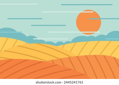 summer landscape with agricultural fields; It can be used in agricultural publications, farming websites, environmental awareness materials, promote sustainable farming practices- vector illustra