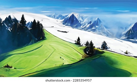 Summer landscape in the Alps with snow mountains. Green grasses, trees, and snow on the mountains with clouds in the background. illustration for a game, manga cartoon or comic background, No people 