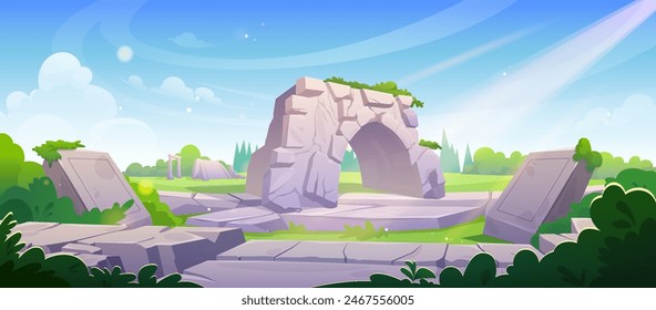 Summer landscape with ancient Greek building ruins. Broken overgrown antique roman city brick column pillar, monument and entrance gate. Destroyed heritage landmark of old Greece temple wreckage.