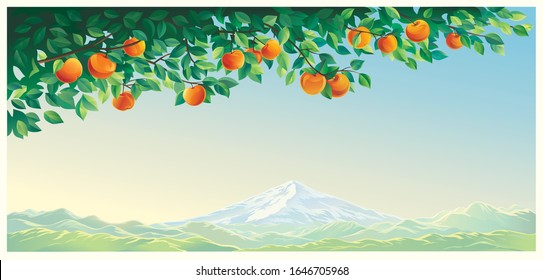 Summer landscape with an apple branch in the foreground and a chain of high mountains in the background.