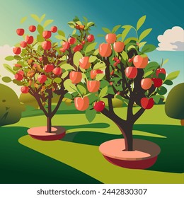summer landscape apple orchard grden with green apple trees Vector illustration 10 eps