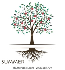 Summer landscape with an apple tree branch. Original screensaver with a summer branch. Apple tree branch. EPS 10.