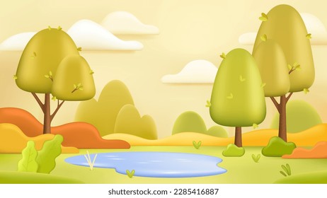 Sommerlandschaft Hintergrund 3D-Abbildung. Waldwiese mit Teich und grünen Bäumen im Cartoon-Stil. Natur, Saison, Sommerkonzept