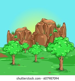 summer landscape background banner, with tree, green grass, and cliff