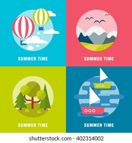 Summer  landscape background banners. Flat mountains vector with island. Outdoor landscape tourism. Nature landscape. Bright flat river and island with hills and forest for web text banners