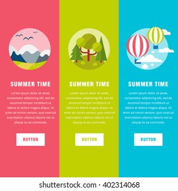 Summer  landscape background banners. Flat mountains vector with island. Outdoor landscape tourism. Nature landscape. Bright flat flyers and island with hills and forest for web text banners
