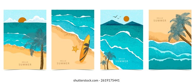 fundo paisagem de verão com praia e textura de grãos de areia para design vertical a4