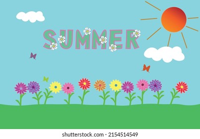 Summer landscape background with blue sky with clouds and gradient sun, green grass, colorful flowers, butterflies. Cute lettering with chamomiles decoration. Vector illustration, isolated.