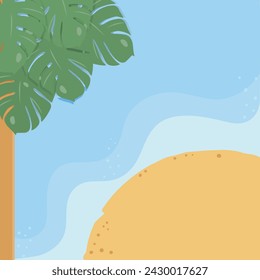 Summer landscape background with copy space, palm tree, part of sandy beach and sea waves around