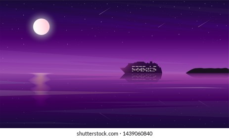 Summer landscape background. Cruise ship sailing at dawn in the ocean.
