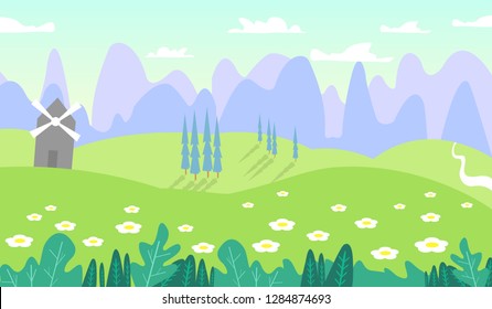 Summer landscape background. The field, the hills, the forest, the mountains, the flowers, the old mill. Vector illustration in cartoon style.