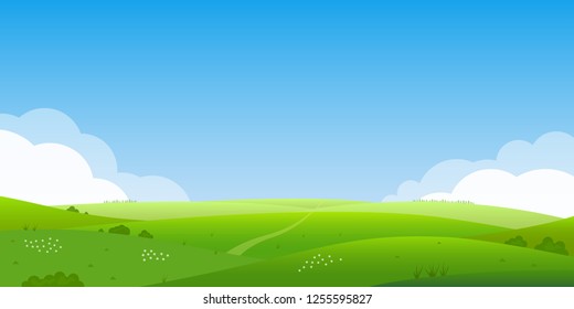 Summer landscape background. Field or meadow with green grass, flowers and hills. Horizon line with blue sky and clouds. Farm and countryside scenery. Vector illustration.