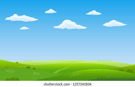 Summer landscape background. Field or meadow with green grass, flowers and hills. Horizon line with blue sky and clouds. Farm and countryside scenery. Vector illustration.