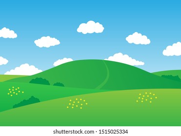 Antecedentes del paisaje veraniego. Campo o prado con hierba verde, flores y colinas, cielo azul con muchas nubes y un camino a través de la colina. Paisajes agrícolas y rurales. Ilustración del vector.10 pasos.