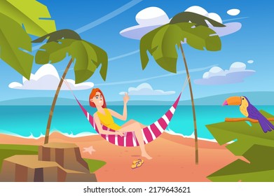 Sommerlandschaft Hintergrund in flachem Cartoon-Design. Tapete mit glücklicher Frau entspannen in Hängematte zwischen Palmen auf tropischer Insel mit Toucan. Vektorgrafik für Poster- oder Bannervorlage