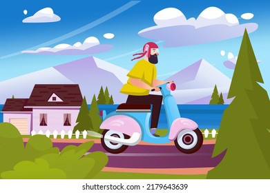 Summer landscape background in flat cartoon design. Wallpaper with man in helmet rides moped on road with suburb houses, trees, lake and mountains. Vector illustration for poster or banner template