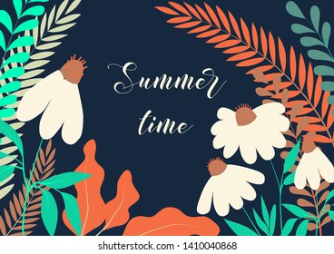 Summer landscape background with flat chamomile flowers and various grassland plants on dark blue and text summer time. Flat design vector illustration. 