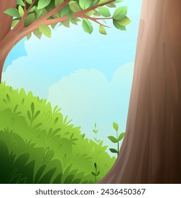 Summer landscape background, forest green grass lawn colorful sunny scenery. Colorful spring park backdrop, wild green nature. Vector forest nature background illustration in watercolor style.