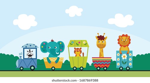 Antecedentes paisajísticos de verano con divertidos personajes caricaturistas en tren, ilustración plana vectorial. Imagen del tren de juguetes para niños con animales africanos.