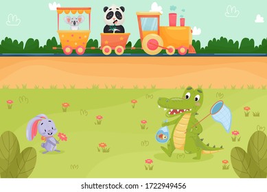 Summer landscape background with funny cartoon animals characters riding railway, flat vector illustration. Children toy train image with african animals.