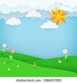 Summer landscape background with green field with flowers and butterflies. Blue sky with clouds and sun. Cloudy day scenery background. Paper, craft style. Modular origami. Vector Illustration.