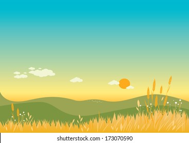 Summer landscape background with green hills and a barley field. Vector illustration