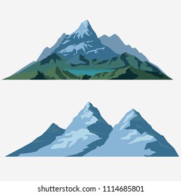 Summer landscape background with green valley, pine forest woods, lake or river and mountains. Spring Traveling, Extreme Sports, Vacation and Outdoor Recreation Concept, Flat design. Vector