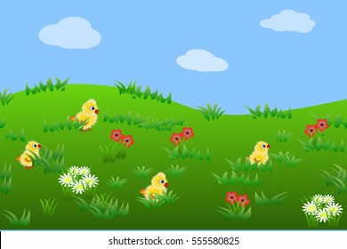 Summer  landscape background. Green valley with little funny chicks, chamomiles and other flowers. Vector illustration, horizontally seamless, fits for game asset.