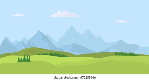 Summer landscape background with green valley, pine forest woods and mountains. Traveling, Extreme Sports, Vacation and Outdoor Recreation Concept, Flat design. Vector