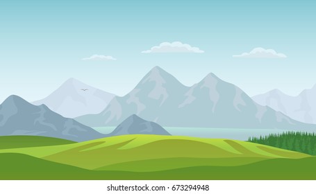 Summer landscape background with green valley, pine forest woods, lake and mountains. Traveling, Extreme Sports, Vacation and Outdoor Recreation Concept, Flat design. Vector