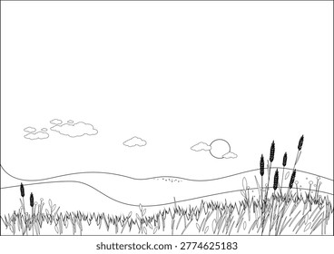 Summer landscape background with hills and a barley field. Clear sky and hills with hills and mountains. Vector black and white coloring page