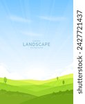 Summer landscape background. Hills, meadows and fields are covered with green grass, trees and bushes. Blue sky and clouds. Design for poster, background, cover, flyer. Vector illustration.