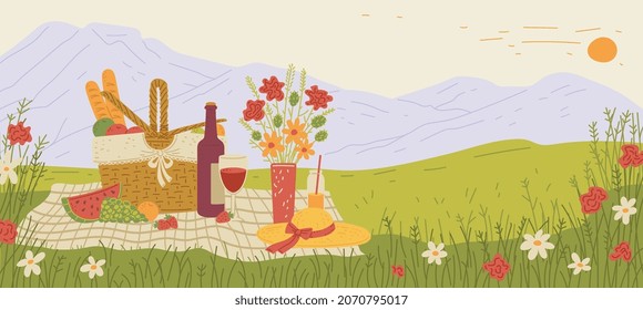Summer landscape background with picnic basket and view on mountains, hand drawn flat vector illustration. Picnic items and food on sunny summer nature backdrop.