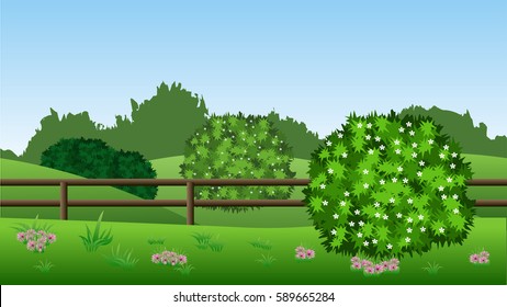 Summer landscape background. Scene with green bushes in blossom, hills, grass and flowers. Horizontally seamless, can be used in game asset. Vector illustration