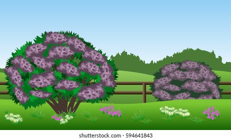 Summer landscape background. Scene with lilac bushes, hills, grass, pink flowers. and chamomiles.  Horizontally seamless, can be used in game asset. Vector illustration