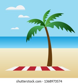 Summer landscape background tropical beach with a palm tree, a striped red white towel lies on the sand, in the distance you can see the sea and the sky with clouds. Flat design, vector illustration