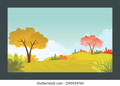 Summer landscape background Vector illustration, with flat cartoon of plants, leaves and forest landscape. with copy space for text, suitable for banner, greeting card, poster, advertising etc.