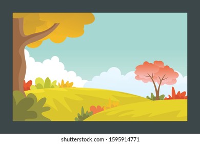 Summer landscape background Vector illustration, with flat cartoon of plants, leaves and forest landscape. with copy space for text, suitable for banner, greeting card, poster, advertising etc.