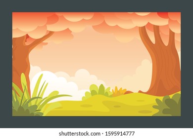 Summer landscape background Vector illustration, with flat cartoon of plants, leaves and forest landscape. with copy space for text, suitable for banner, greeting card, poster, advertising etc.