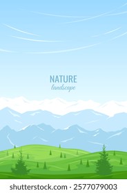 Summer landscape background in the village. Green valley with trees, high mountain ranges and blue sky. Silhouettes of fir trees. The concept of green tourism, recreation in the countryside.