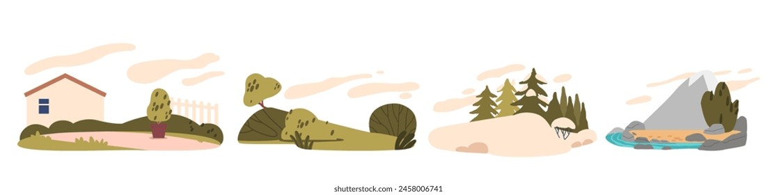 Summer Landscape Backgrounds Set, Nature Areas For Recreation With Wooden House, Tranquil Forest, Crystal-clear River