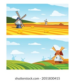 Summer landscape backgrounds set with windmill and fields, flat vector illustration. Agriculture and farming banner backdrops with fields of cereal plants.